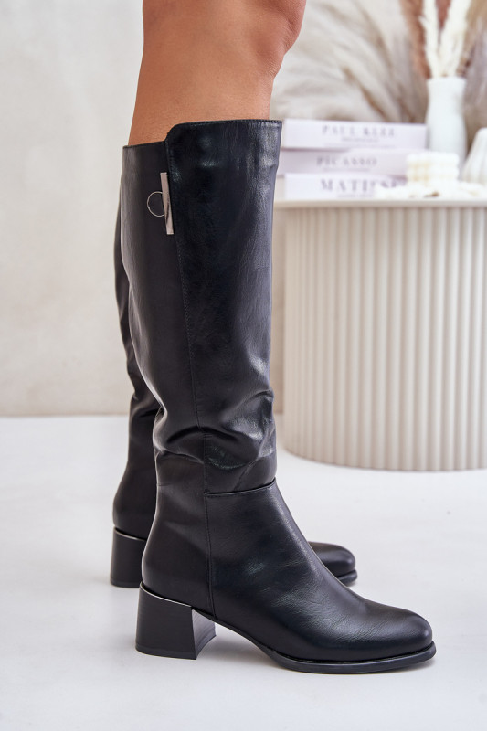 Schwarze Stiefel aus Kunstleder mit Blockabsatz bis zum Knie