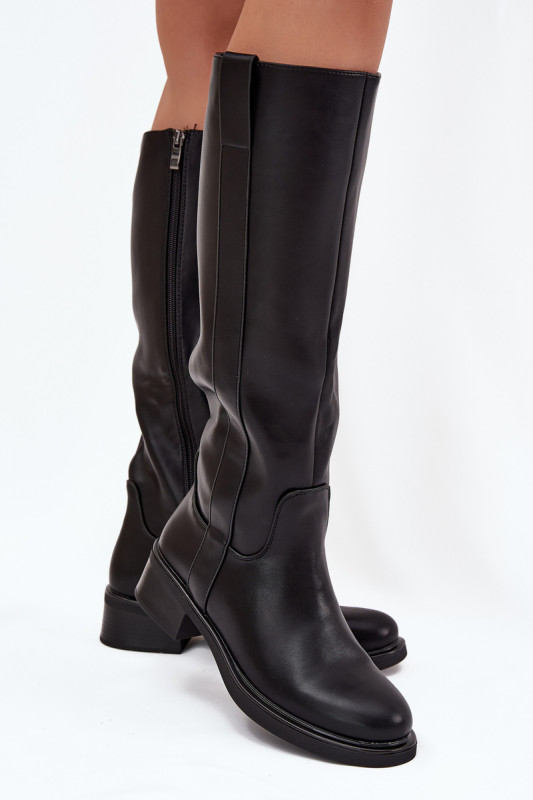 Schwarze Overknee-Stiefel aus Kunstleder mit niedrigem Blockabsatz
