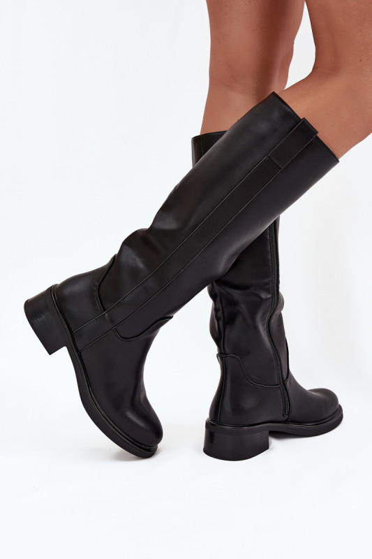 Schwarze Overknee-Stiefel aus Kunstleder mit niedrigem Blockabsatz