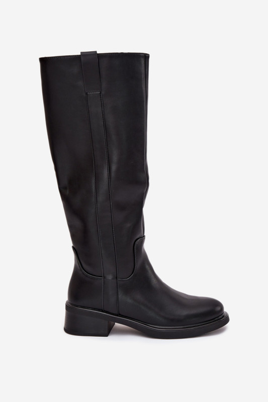 Schwarze Overknee-Stiefel aus Kunstleder mit niedrigem Blockabsatz