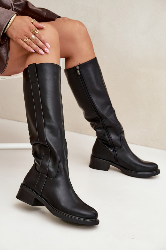 Schwarze Overknee-Stiefel aus Kunstleder mit niedrigem Blockabsatz