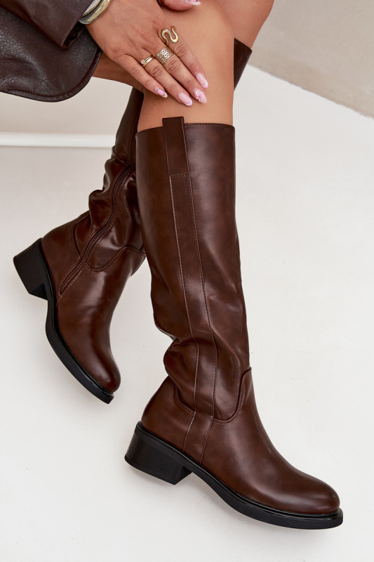 Braune Overknee-Stiefel aus Kunstleder mit niedrigem Blockabsatz
