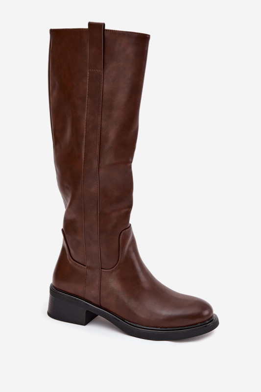 Braune Overknee-Stiefel aus Kunstleder mit niedrigem Blockabsatz