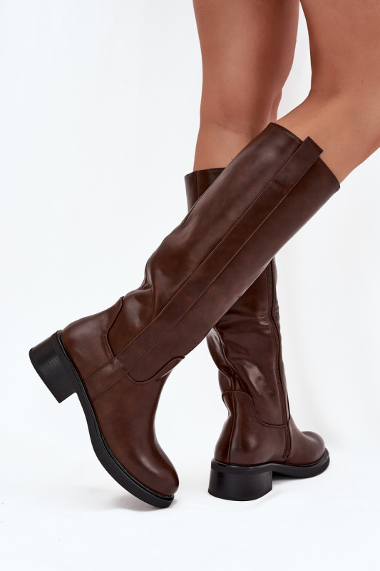 Braune Overknee-Stiefel aus Kunstleder mit niedrigem Blockabsatz
