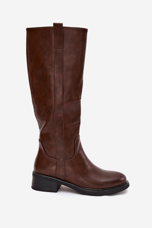 Braune Overknee-Stiefel aus Kunstleder mit niedrigem Blockabsatz