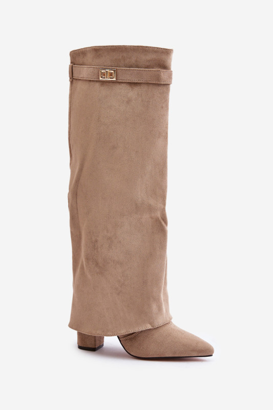 Beige Stiefel mit Blockabsatz und umgeschlagenem Schaft