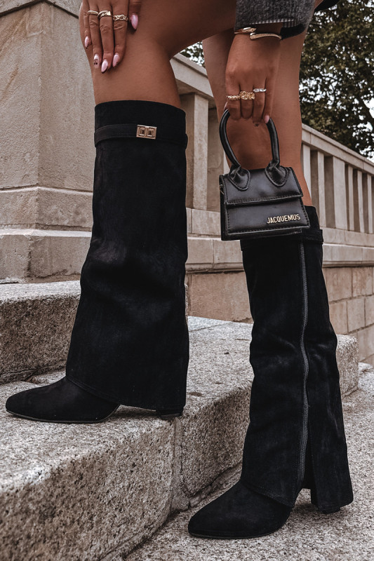 Schwarze Overknee-Stiefel aus Velourslederimitat mit Blockabsatz und umgeschlagenem Schaft