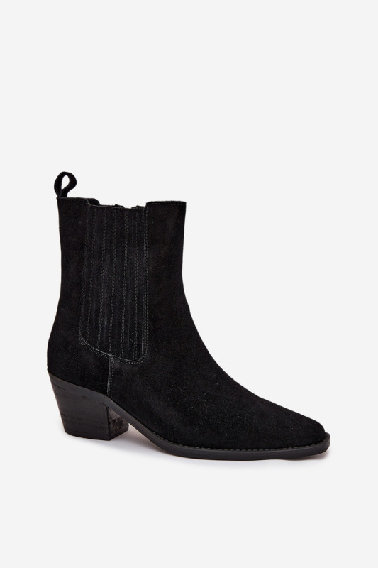 Gefütterte Veloursleder-Stiefelette mit Blockabsatz, schwarz