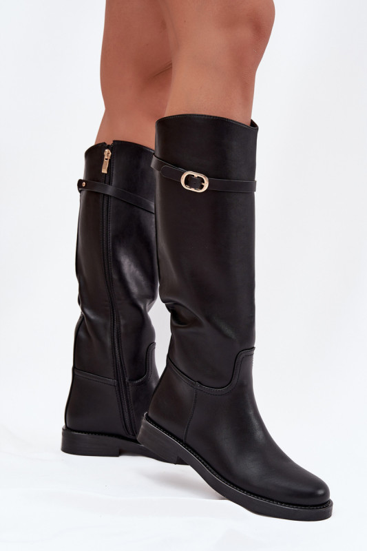 Schwarze Overknee-Stiefel mit flachem Absatz und goldener Schnalle