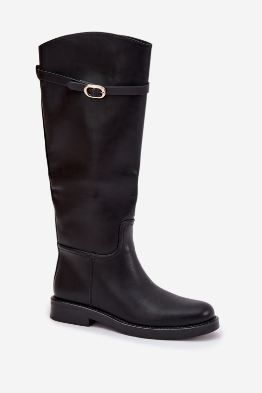 Schwarze Overknee-Stiefel mit flachem Absatz und goldener Schnalle