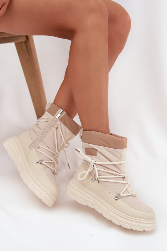 Beige Schneestiefel mit Reißverschluss und Fellfutter