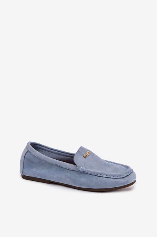 Blaue Mokassins aus Veloursleder mit goldenem Detail