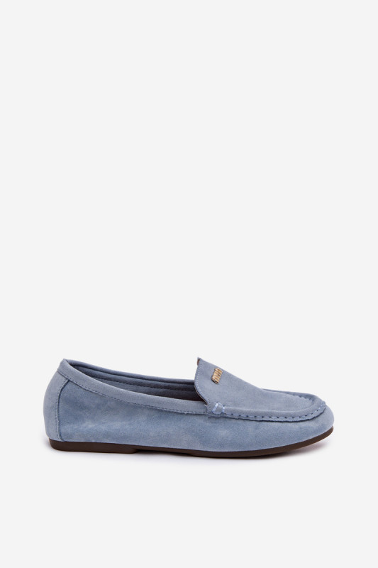 Blaue Mokassins aus Veloursleder mit goldenem Detail