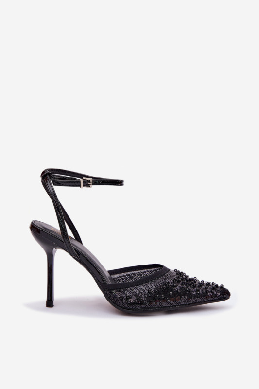 Schwarze Sandale mit Stiletto-Absatz und Verzierungen