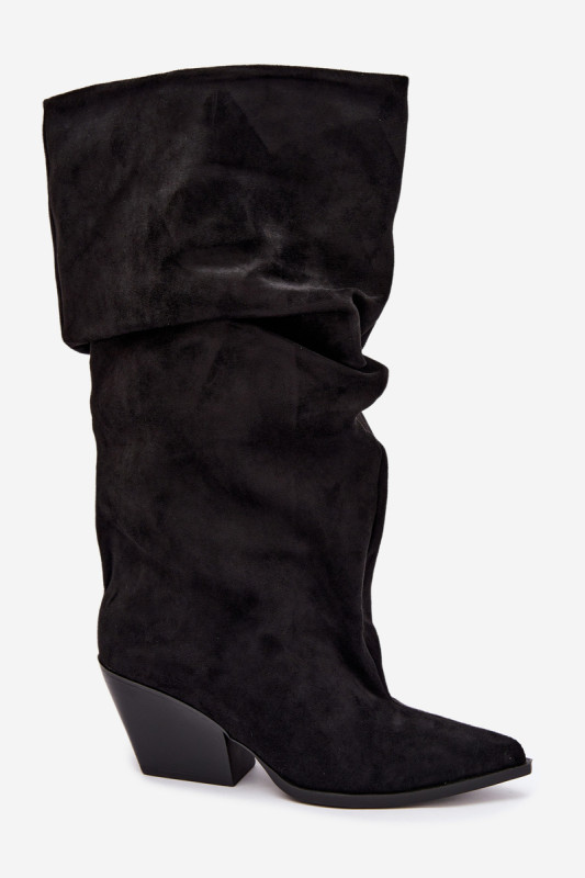 Stiefeletten aus Veloursleder mit gerafftem Schaft und Absatz, schwarz
