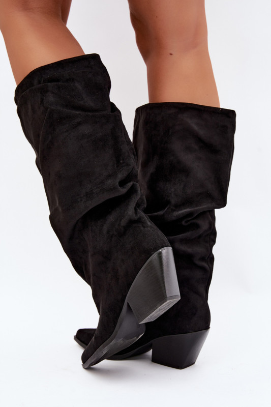Stiefeletten aus Veloursleder mit gerafftem Schaft und Absatz, schwarz