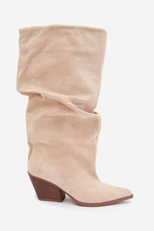 Beige Stiefel aus Veloursleder mit gerafftem Schaft und Absatz