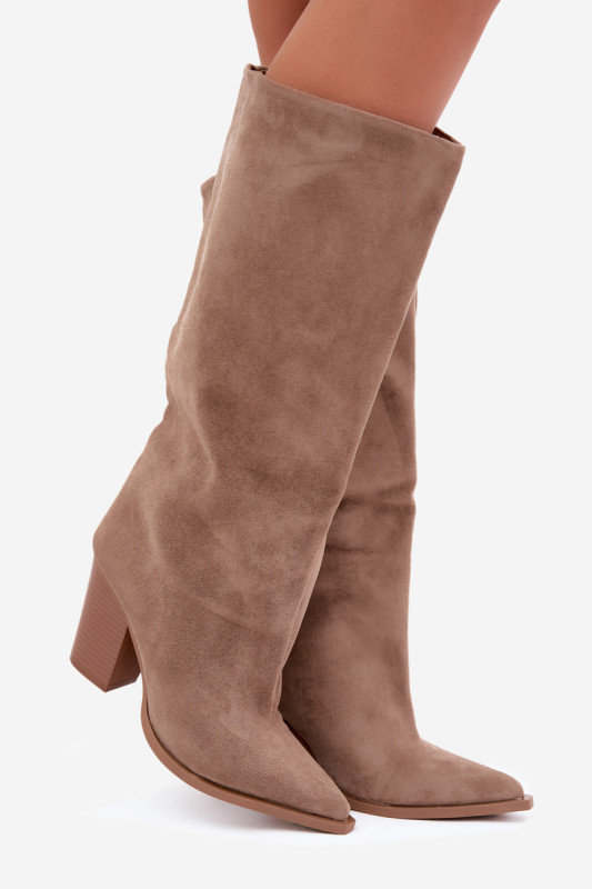 Beige Stiefel aus Veloursleder mit Blockabsatz