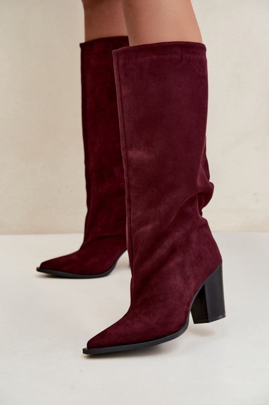 Bordeauxfarbene Overknee-Stiefel aus Veloursleder mit Blockabsatz