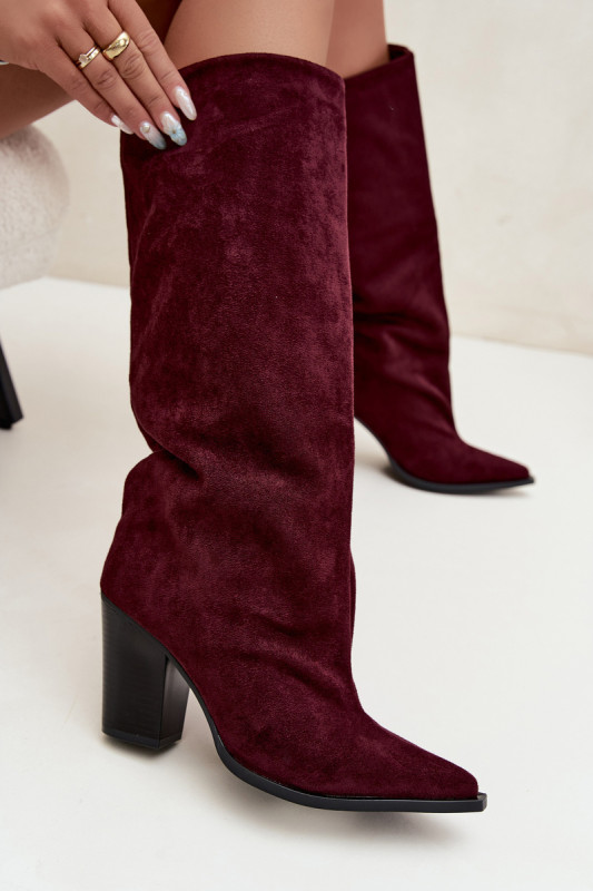 Bordeauxfarbene Overknee-Stiefel aus Veloursleder mit Blockabsatz