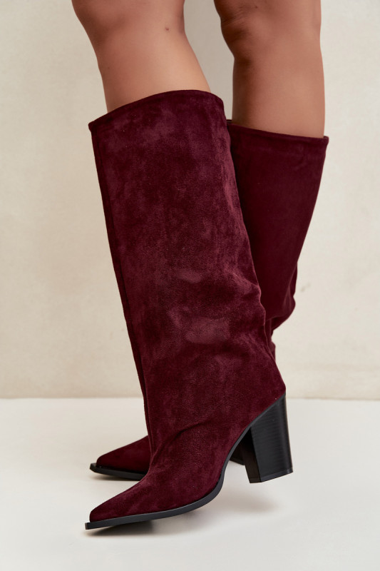 Bordeauxfarbene Overknee-Stiefel aus Veloursleder mit Blockabsatz