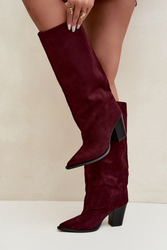 Bordeauxfarbene Overknee-Stiefel aus Veloursleder mit Blockabsatz