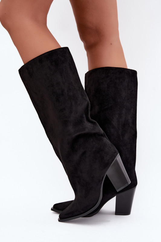 Schwarze Overknee-Stiefel aus Veloursleder mit Blockabsatz