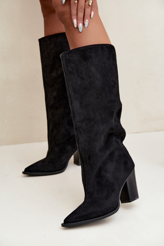 Schwarze Overknee-Stiefel aus Veloursleder mit Blockabsatz