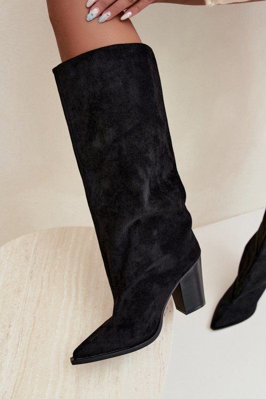 Schwarze Overknee-Stiefel aus Veloursleder mit Blockabsatz