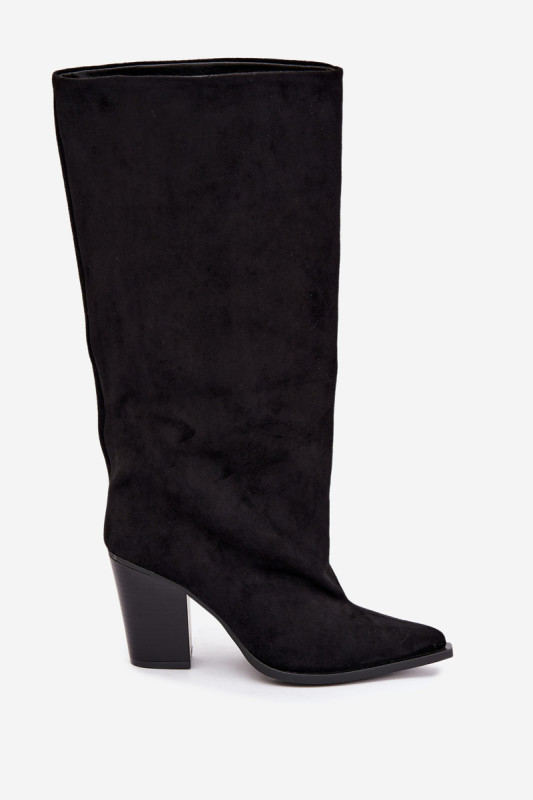 Schwarze Overknee-Stiefel aus Veloursleder mit Blockabsatz