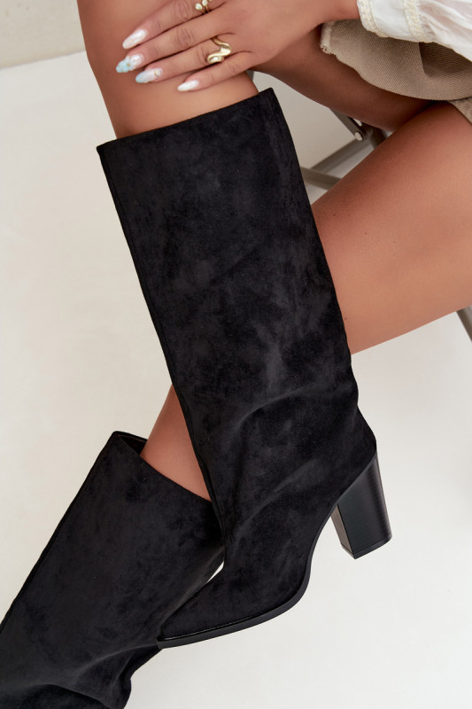 Schwarze Overknee-Stiefel aus Veloursleder mit Blockabsatz