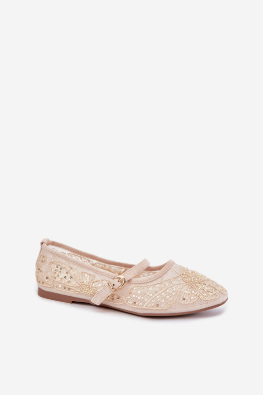 Beige Ballerinas aus Mesh mit Stickerei und Pailletten