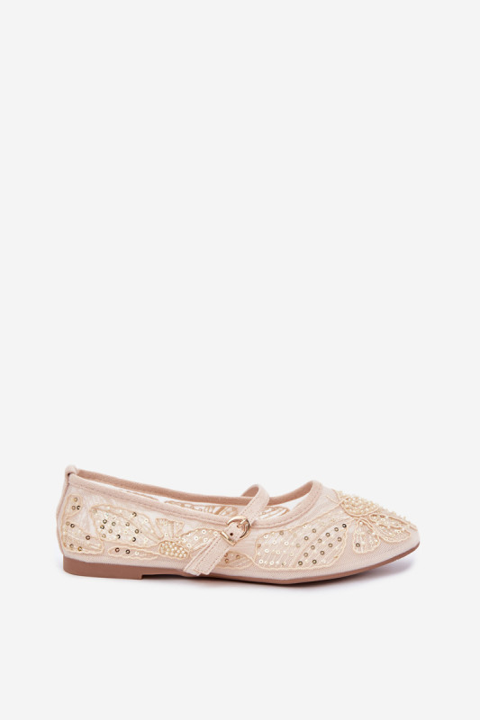 Beige Ballerinas aus Mesh mit Stickerei und Pailletten
