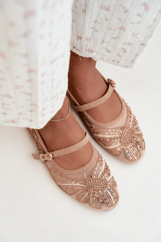 Netz-Ballerina mit Stickerei und Pailletten beige