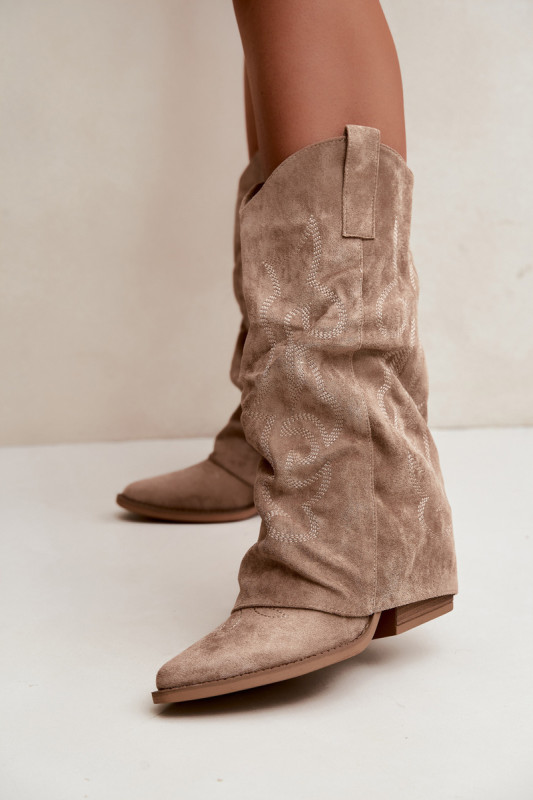 Beige Western-Stiefelette mit umgeschlagenem Schaft und Blockabsatz