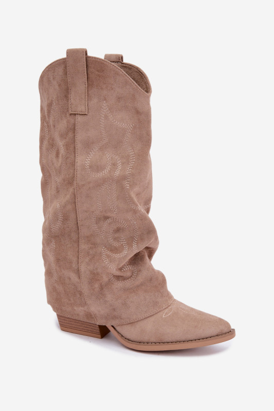 Beige Western-Stiefelette mit umgeschlagenem Schaft und Blockabsatz