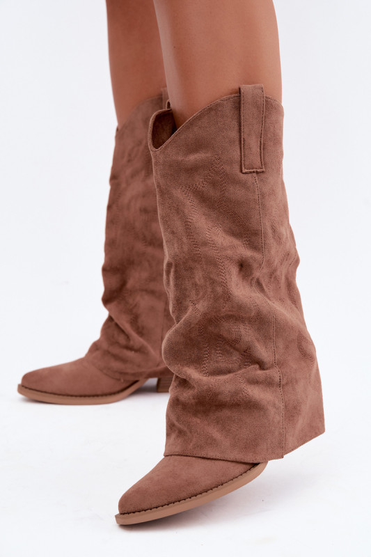 Cowboystiefel mit Absatz und umgeschlagenem Schaft aus braunem Wildlederimitat
