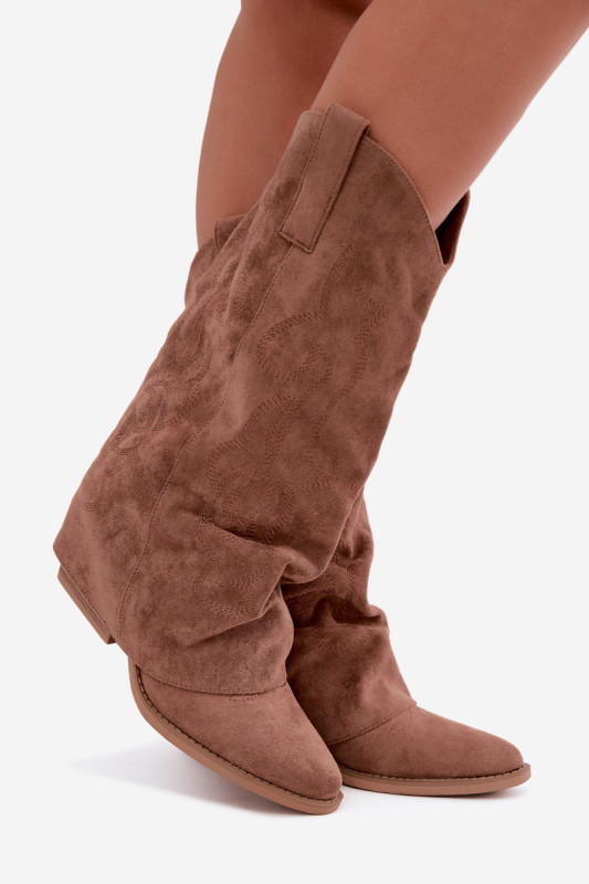 Cowboystiefel mit Absatz und umgeschlagenem Schaft aus braunem Wildlederimitat