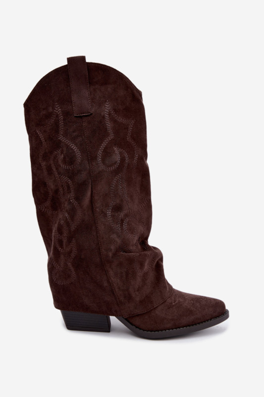 Braune Cowboy-Stiefel aus Velourslederimitat mit umgeschlagenem Schaft und Blockabsatz