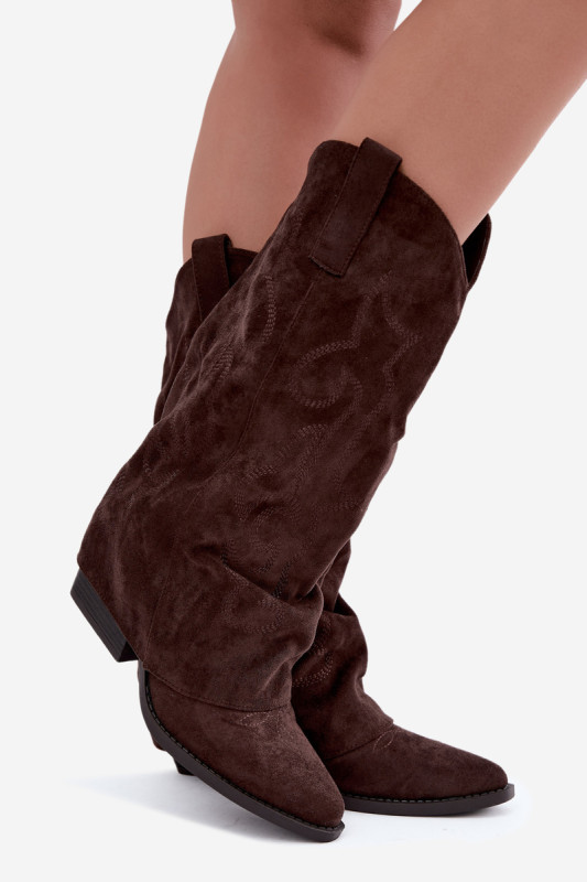 Braune Cowboy-Stiefel aus Velourslederimitat mit umgeschlagenem Schaft und Blockabsatz