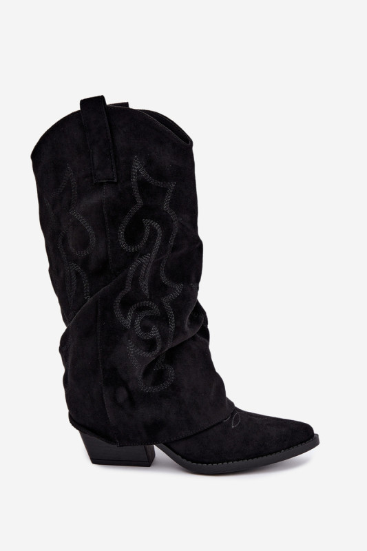 Schwarze Cowboy-Stiefelette aus Velourslederimitat mit umgeschlagenem Schaft und Blockabsatz