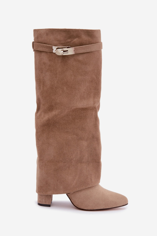 Beige gefütterte Stiefelette mit umgeschlagenem Schaft und Blockabsatz