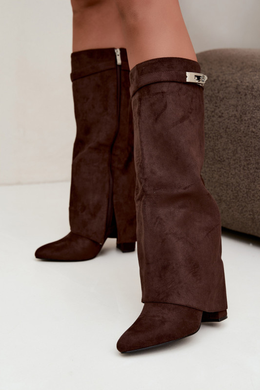 Gefütterte Damenstiefel mit umgeschlagenem Schaft und Blockabsatz, braun
