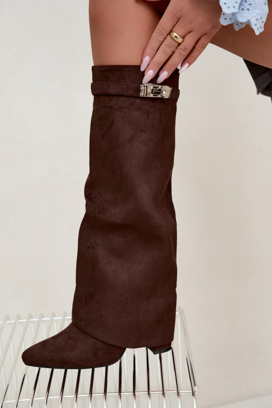Gefütterte Damenstiefel mit umgeschlagenem Schaft und Blockabsatz, braun