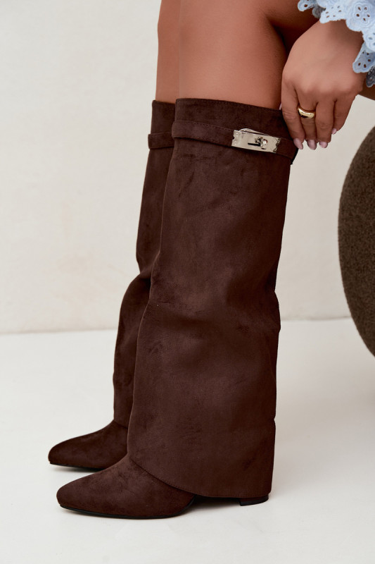Gefütterte Damenstiefel mit umgeschlagenem Schaft und Blockabsatz, braun