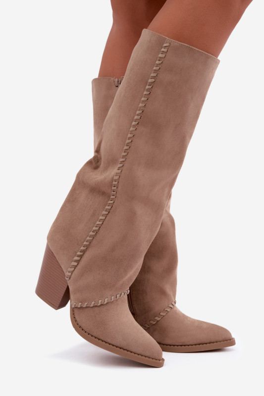 Beige Cowboystiefel aus Wildlederimitat mit Blockabsatz und Reißverschluss
