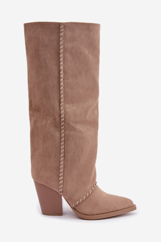 Beige Cowboystiefel aus Wildlederimitat mit Blockabsatz und Reißverschluss