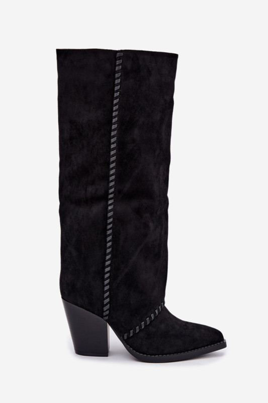 Schwarze Cowboy-Stiefelette aus Velourslederimitat mit Blockabsatz und Reißverschluss