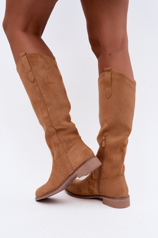 Overknee-Stiefel aus braunem Velourslederimitat mit flachem Absatz