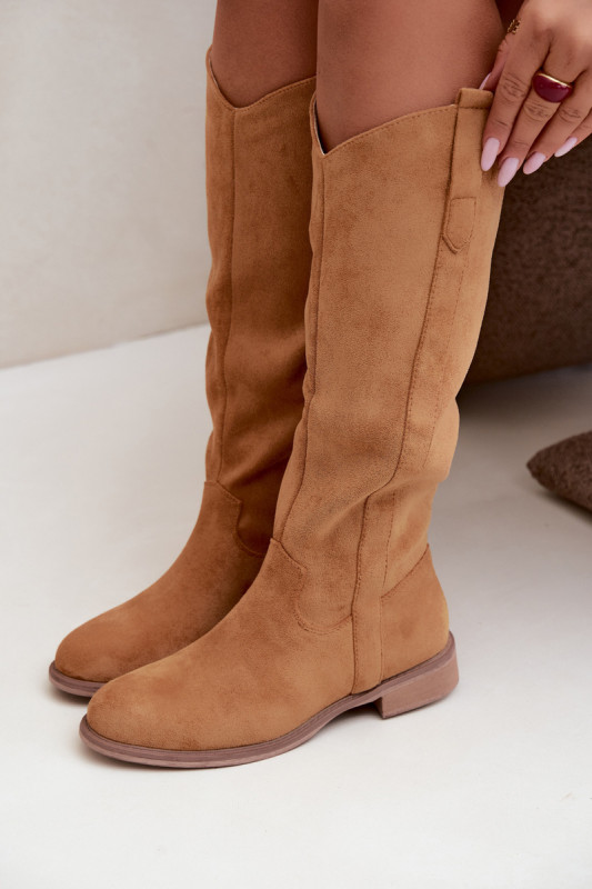 Overknee-Stiefel aus braunem Velourslederimitat mit flachem Absatz